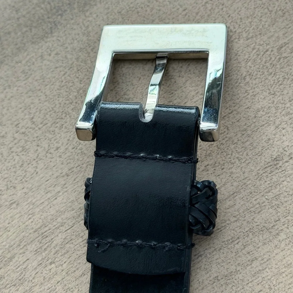 NY Jeans Womens Black Genuine Leather Belt Silver Buckle Braided Keeper Size L